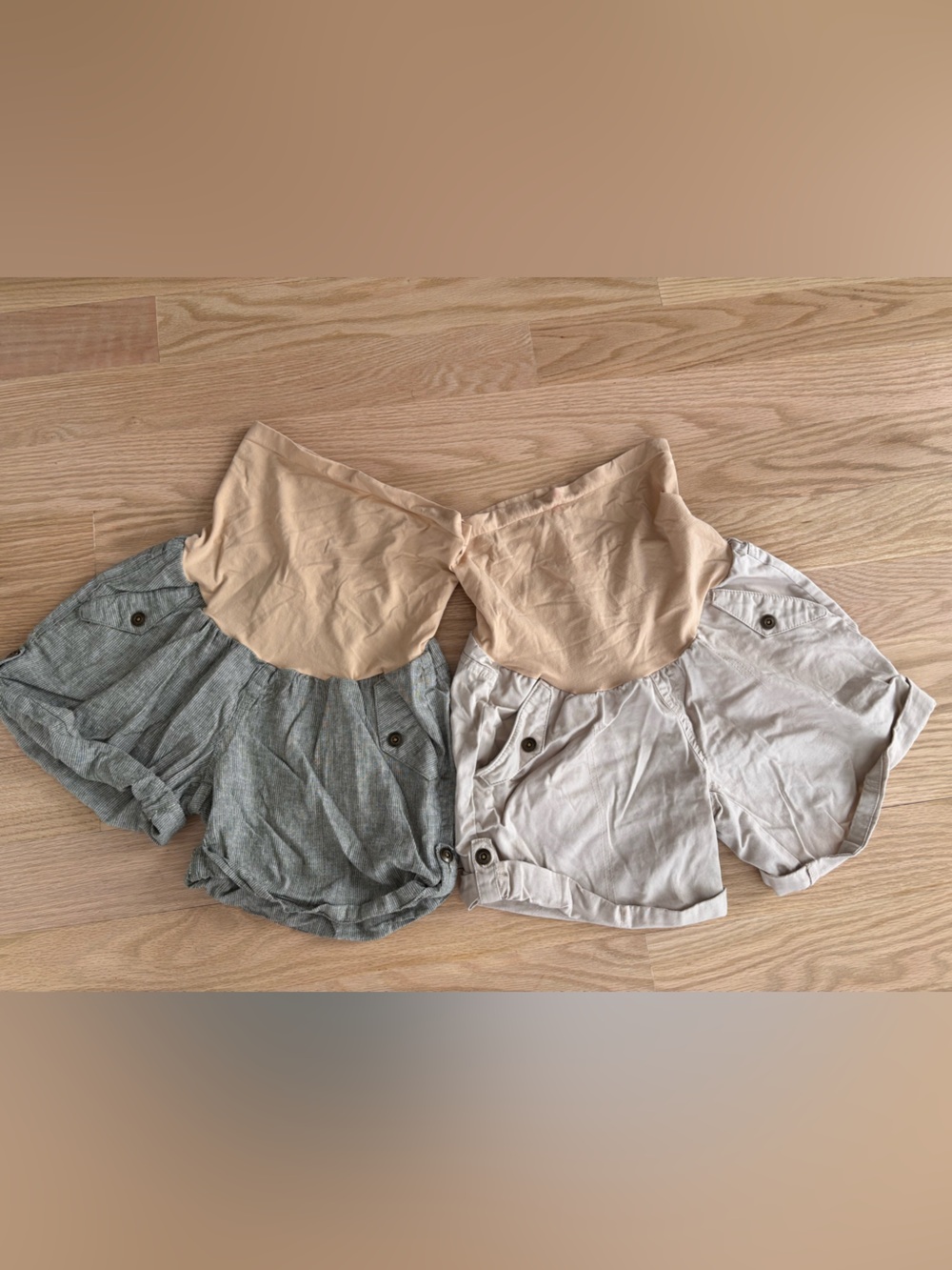 Motherhood Maternity Tan Bandeau Top with Beige-Gray Lined Shorts